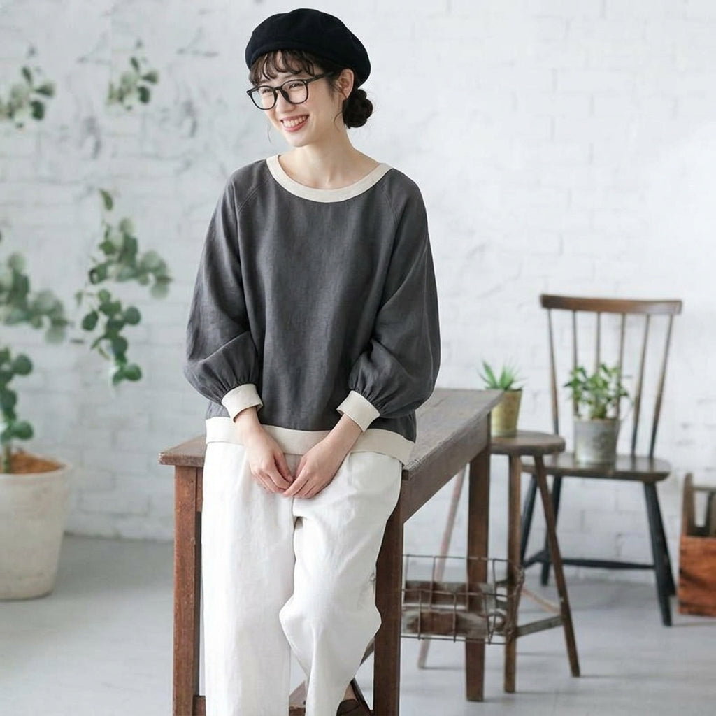 M-L 配色 ドルマンスリーブ ファッション ラウンドネック 長袖 Tシャツ M グレー