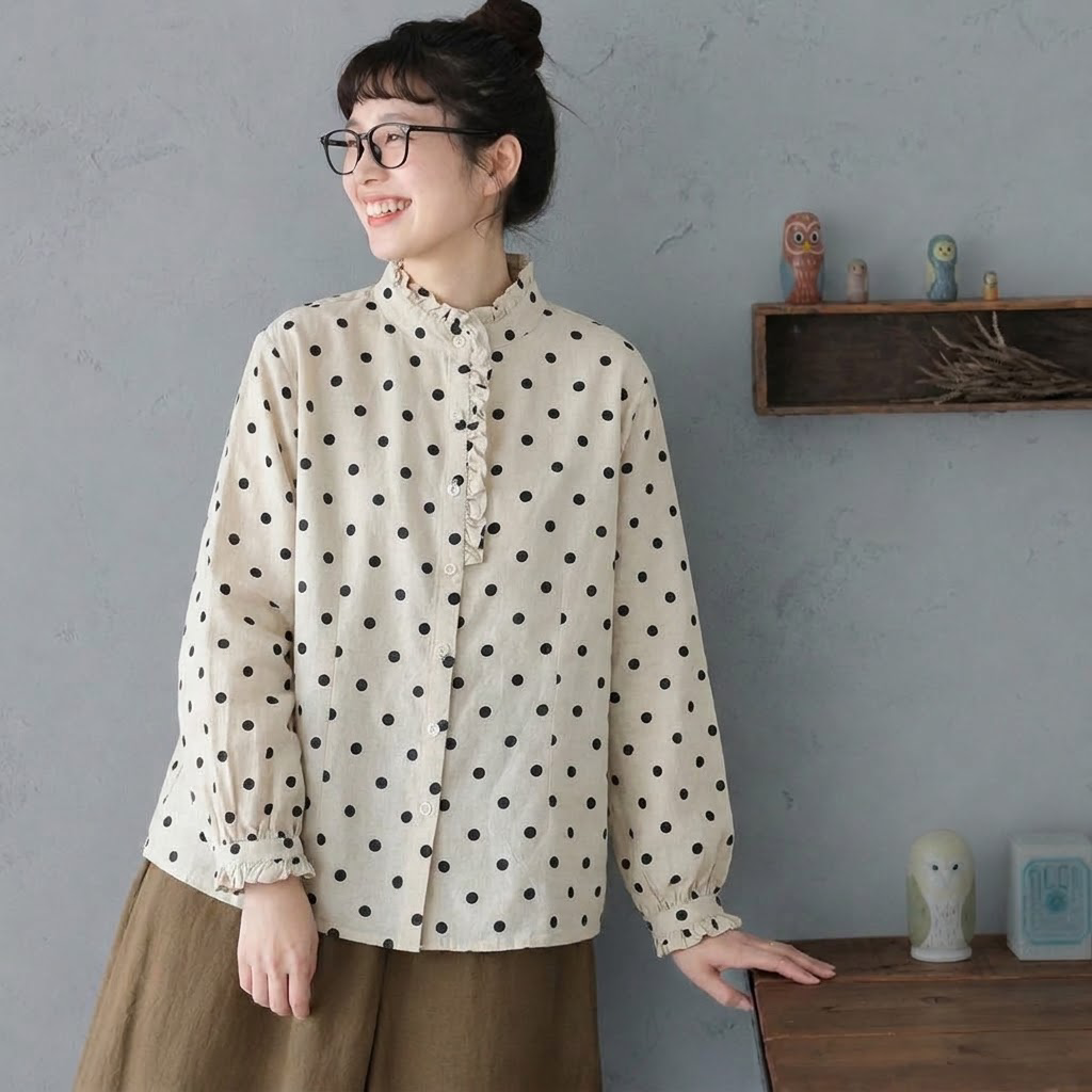 M-2XL ドット柄 レトロ フリル 長袖 シングルブレスト シャツ M 写真と同じ