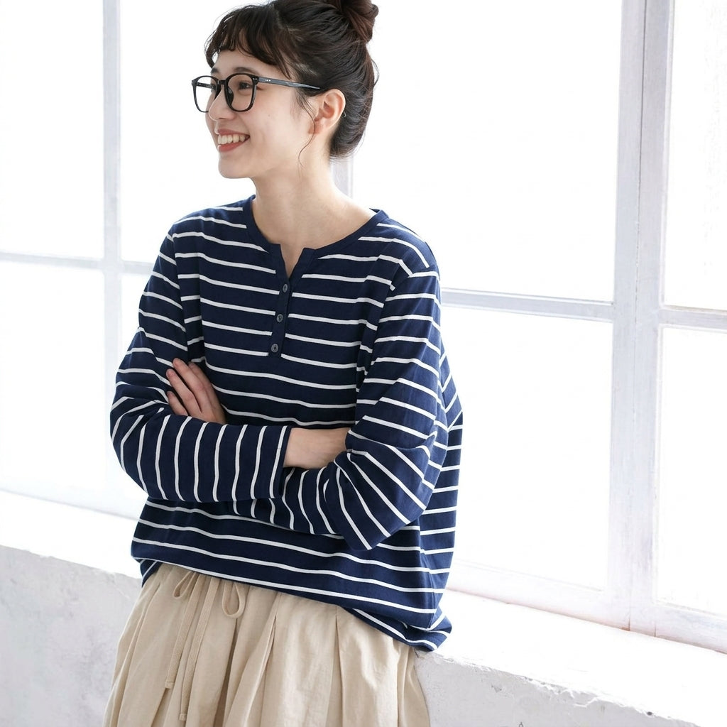M-2XL 今季人気 Vネック ボーダー 長袖 カジュアル ボタン Tシャツ 2XL ロイヤルブルー