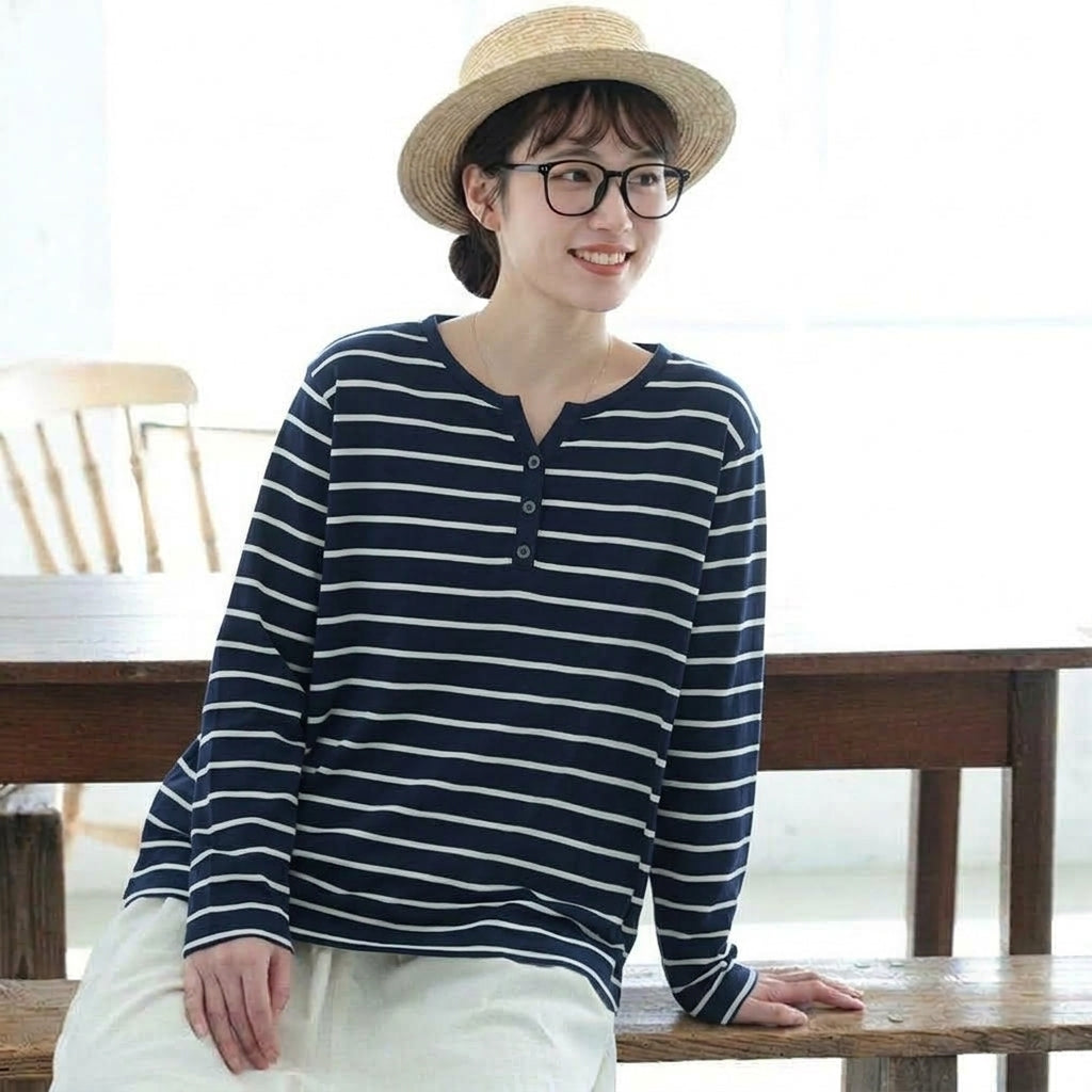 M-2XL 今季人気 Vネック ボーダー 長袖 カジュアル ボタン Tシャツ M ロイヤルブルー