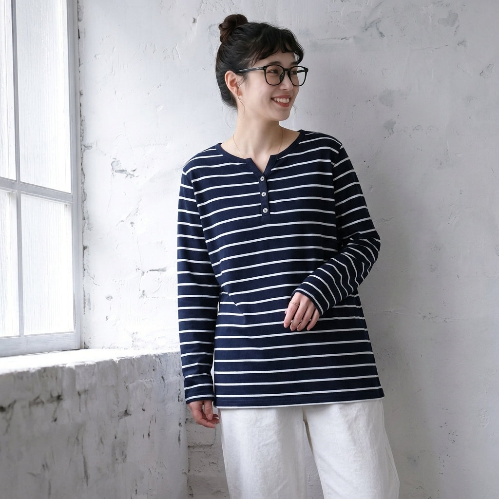 M-2XL 今季人気 Vネック ボーダー 長袖 カジュアル ボタン Tシャツ M ロイヤルブルー