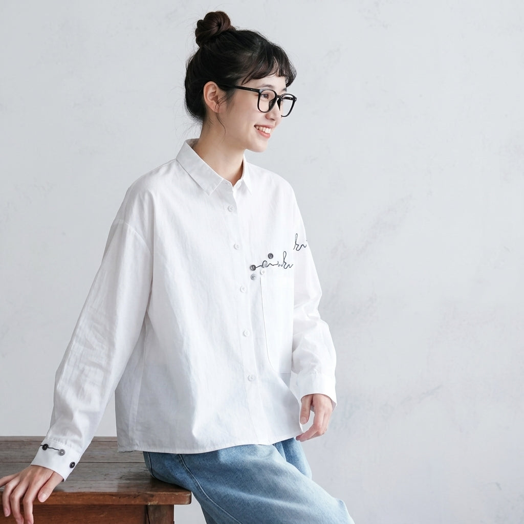 M-2XL 着回し自在！ 無地 刺繍 長袖 折り襟 ファッション シャツ M アプリコット
