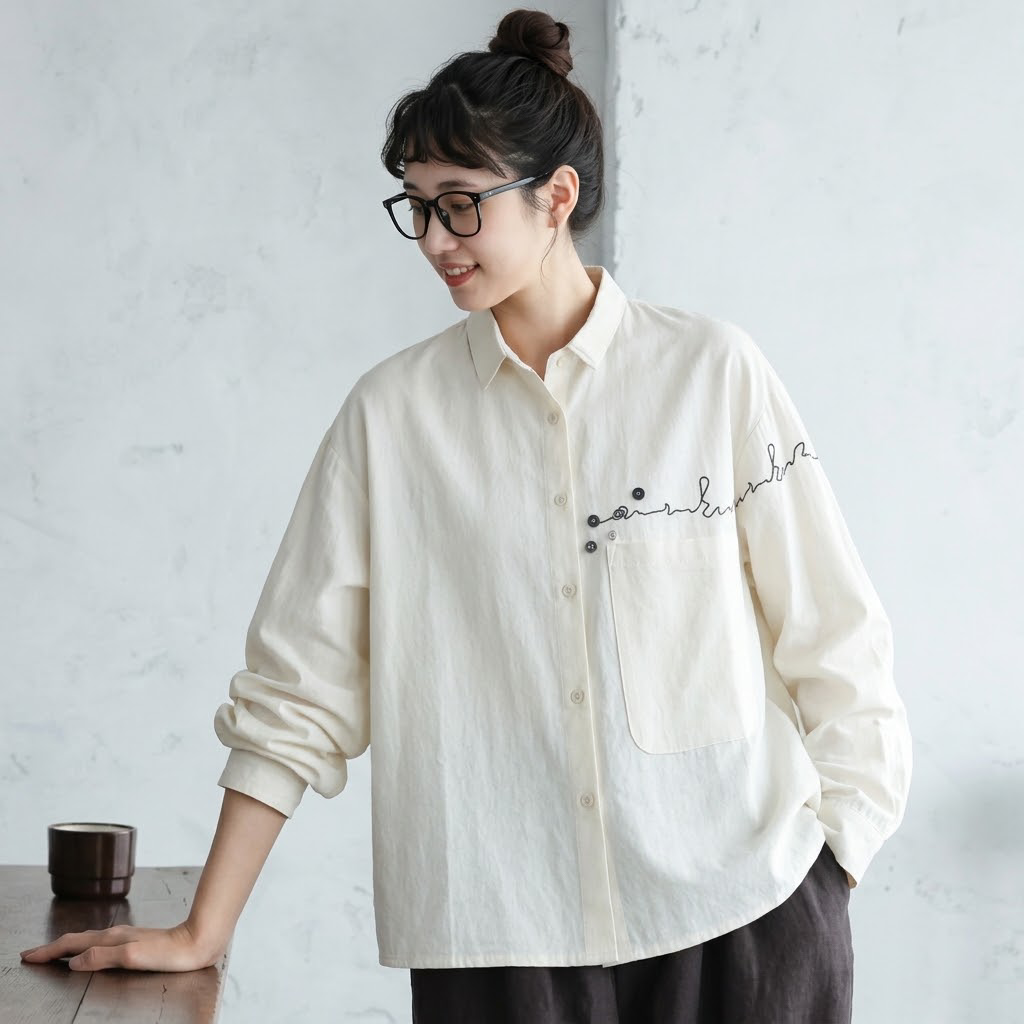 M-2XL 着回し自在！ 無地 刺繍 長袖 折り襟 ファッション シャツ 2XL アプリコット