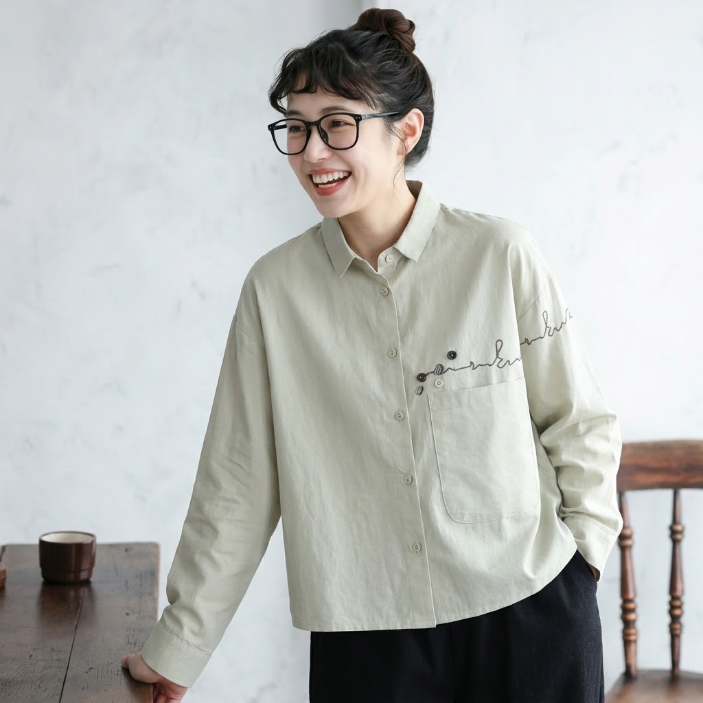 M-2XL 着回し自在！ 無地 刺繍 長袖 折り襟 ファッション シャツ M アプリコット