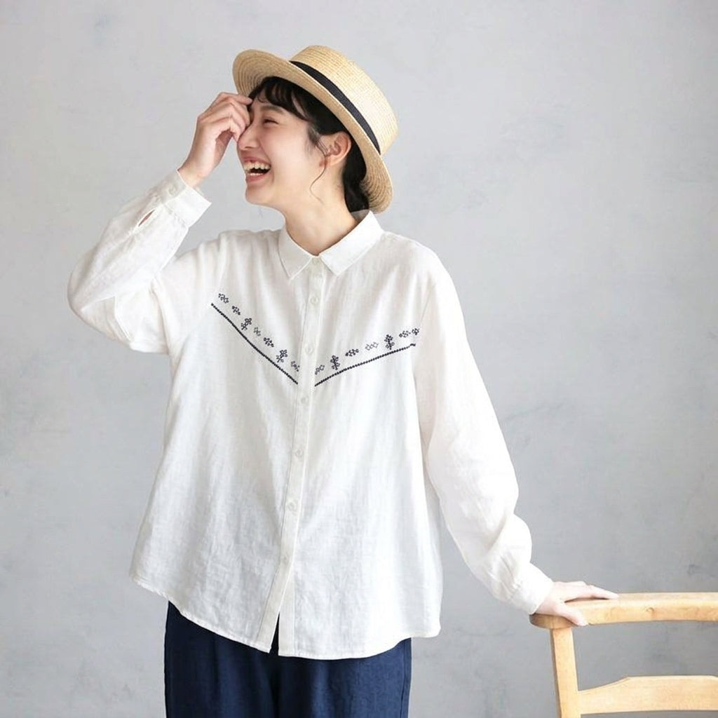 M-L 人気商品 長袖 刺繍 折り襟 森ガール シングルブレスト シャツ M ホワイト