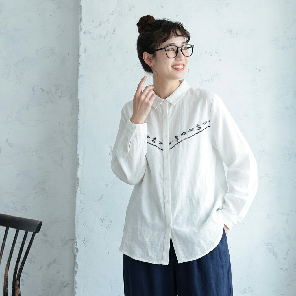 M-L 人気商品 長袖 刺繍 折り襟 森ガール シングルブレスト シャツ M ホワイト
