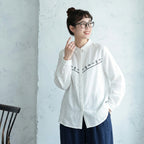 M-L 人気商品 長袖 刺繍 折り襟 森ガール シングルブレスト シャツ M ホワイト