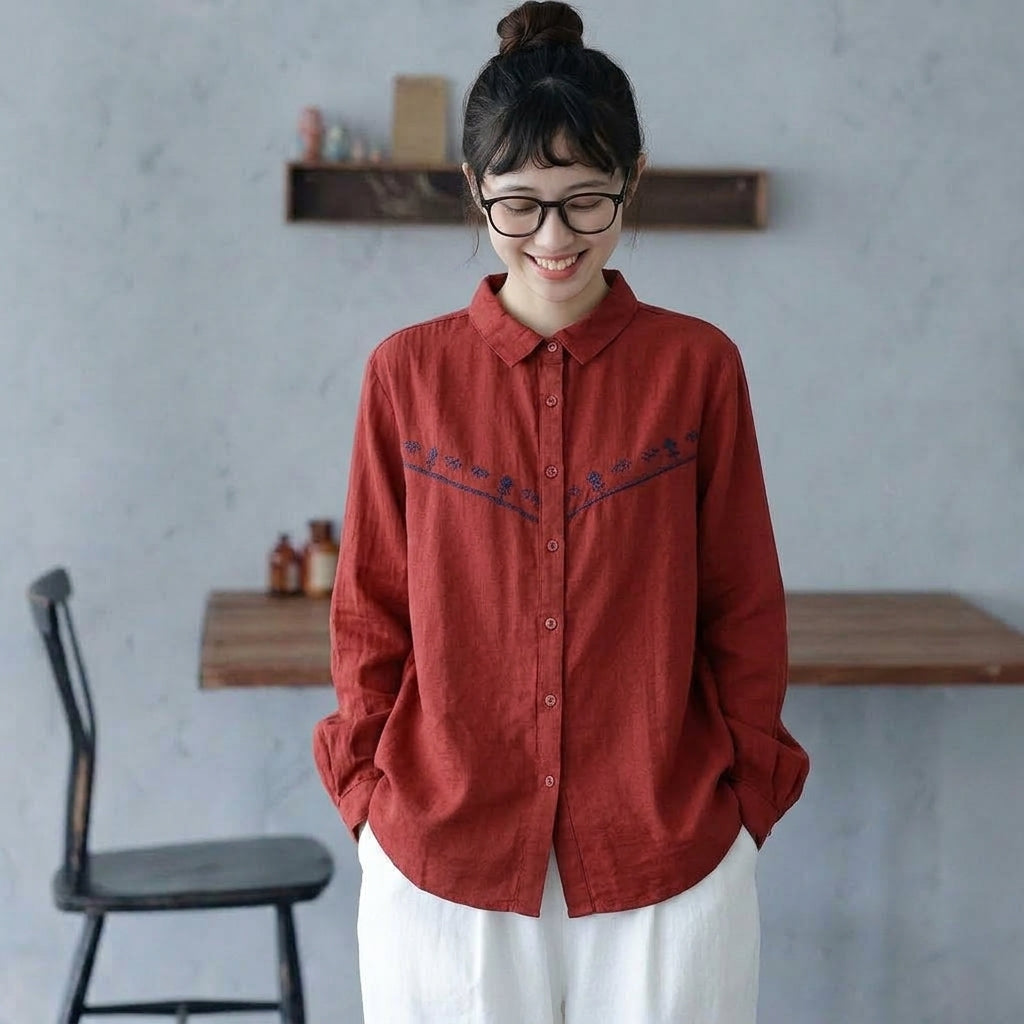 M-L 人気商品 長袖 刺繍 折り襟 森ガール シングルブレスト シャツ M ホワイト