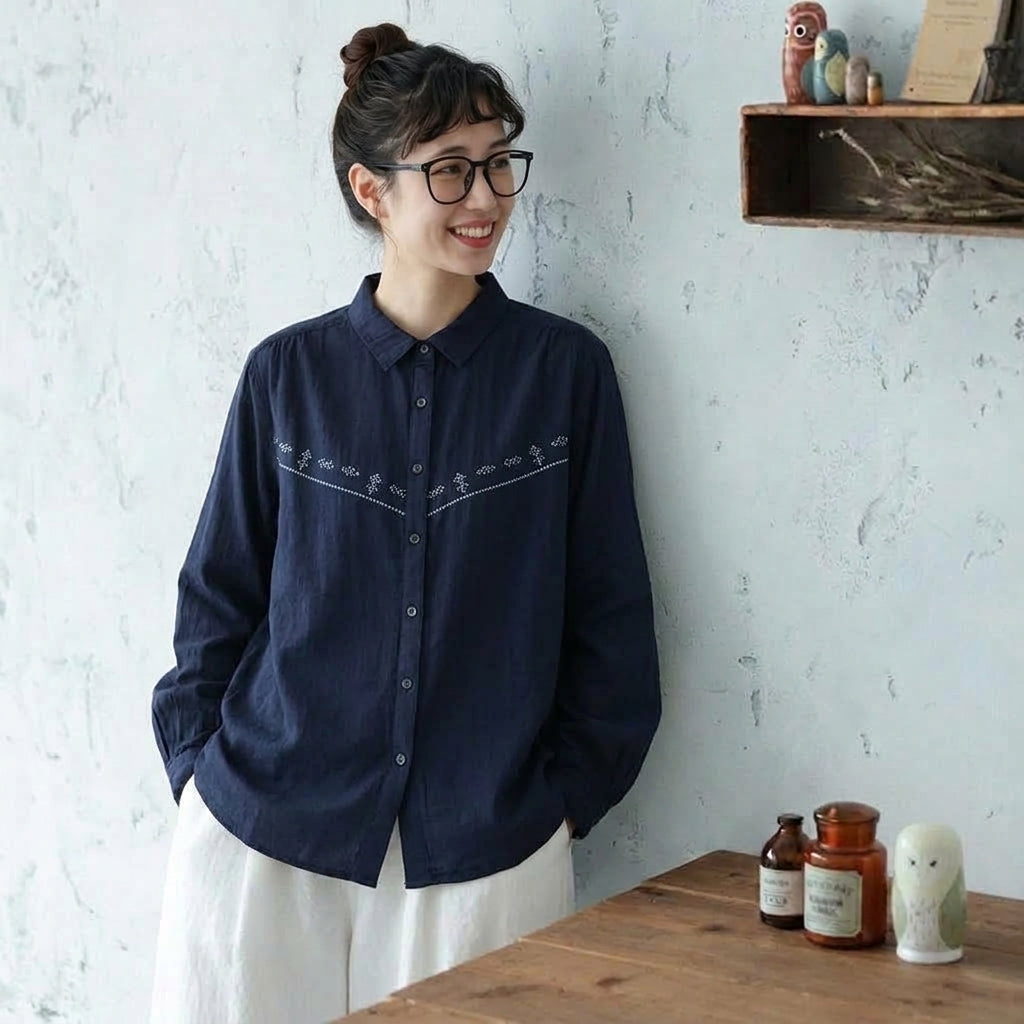 M-L 人気商品 長袖 刺繍 折り襟 森ガール シングルブレスト シャツ M ホワイト