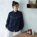 M-L 人気商品 長袖 刺繍 折り襟 森ガール シングルブレスト シャツ M ホワイト