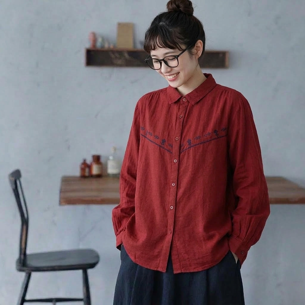 M-L 人気商品 長袖 刺繍 折り襟 森ガール シングルブレスト シャツ M ホワイト