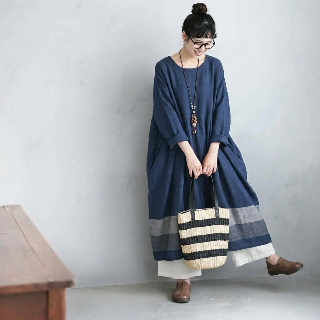 M-2XL 秋のひとときコットンリネンワンピース 2XL ネイビー