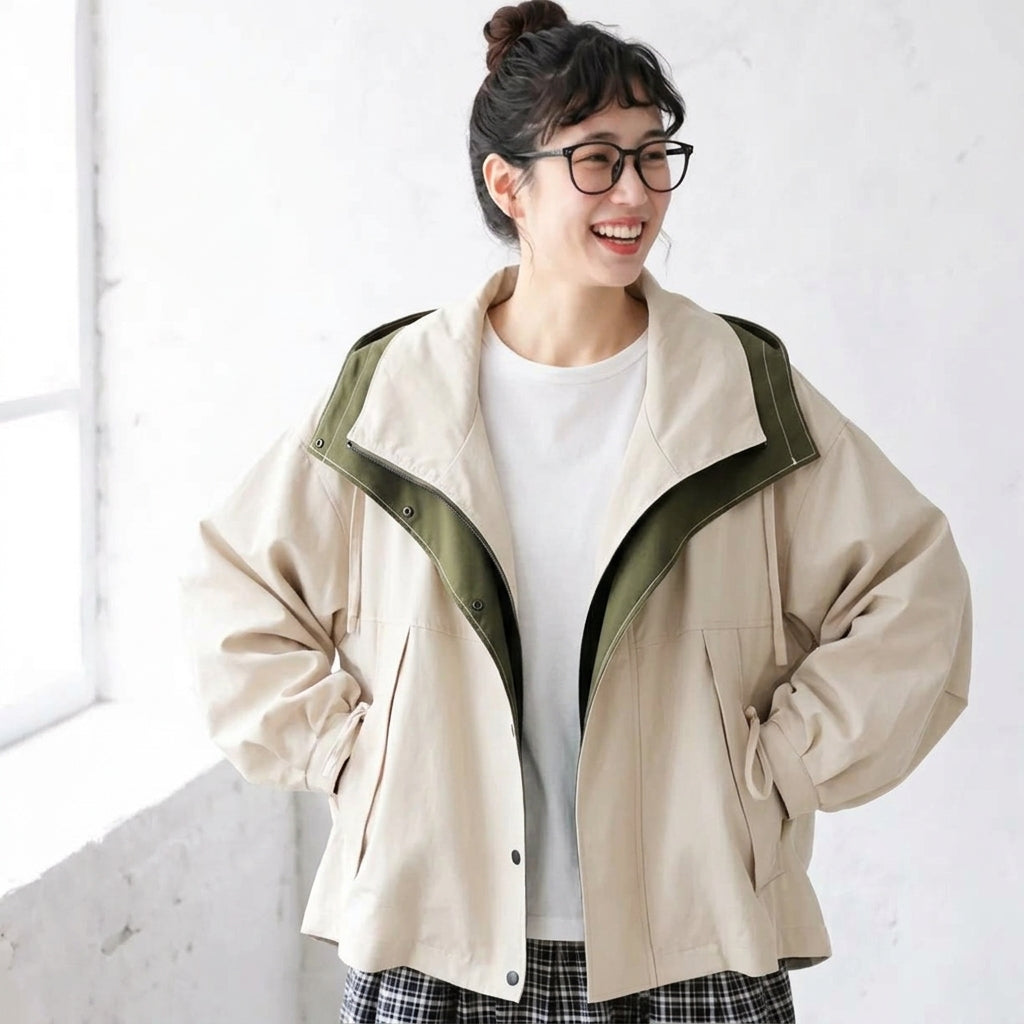 M-4XL 重ね着風 フード付き 配色 ファッション ジャケット M グリーン