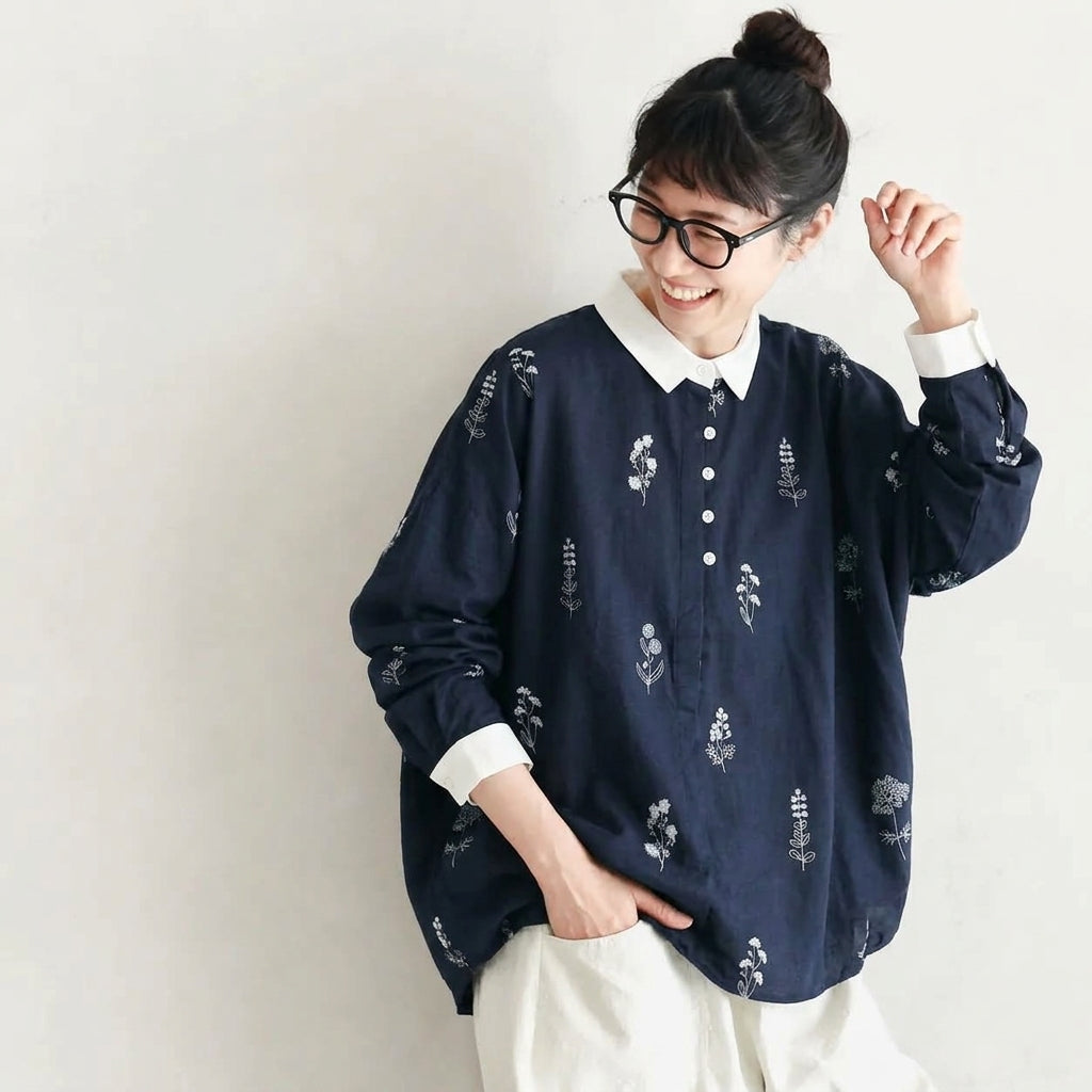 M-L 柔らかな肌触りの花柄ダブルガーゼブラウス M ホワイト