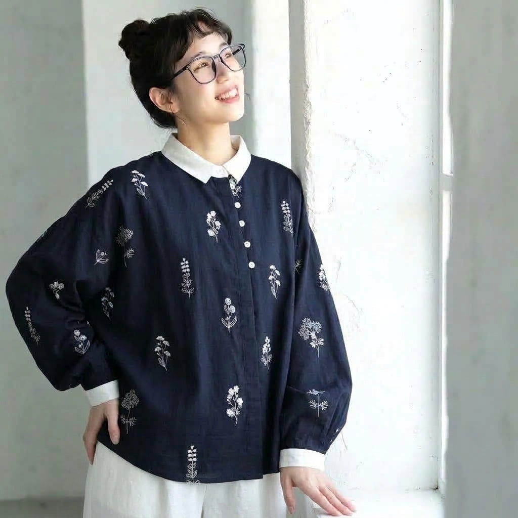 M-L 柔らかな肌触りの花柄ダブルガーゼブラウス M ホワイト