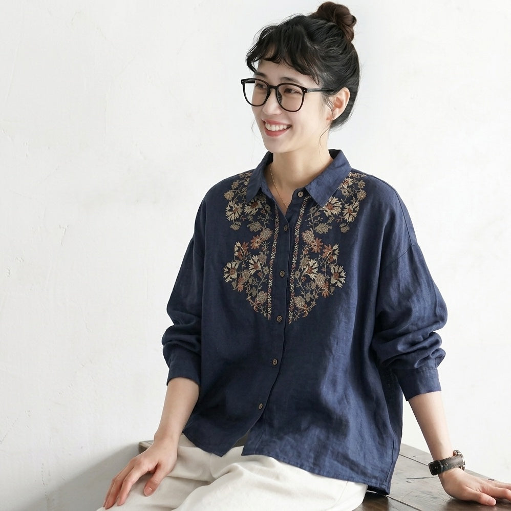 M-3XL 綿麻 花模様 刺繍 肌触り柔らかい レトロ ブラウス M カーキ