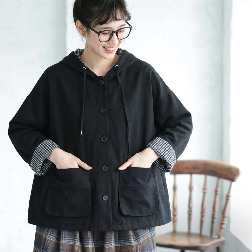 M-2XL 人気商品 ファッション チェック柄 無地 フード付き シングルブレスト 長袖 トレンチコート 2XL ブラック