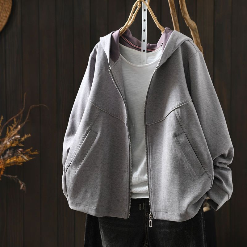 L-5XL パーカー襟 前開きポケット付き ゆったりシルエット 長袖ジャケット L グレー