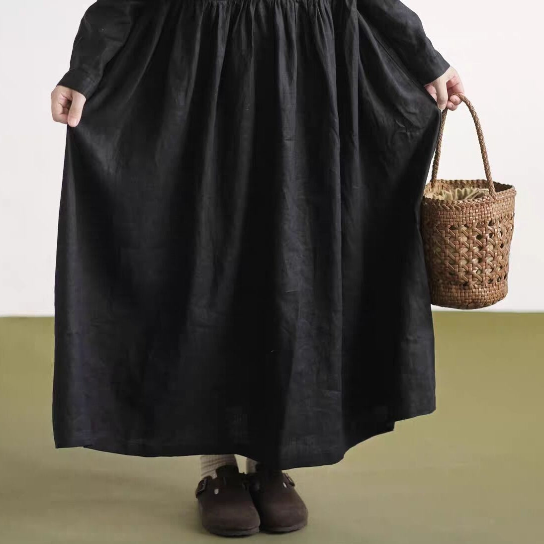 M-2XL 着回し力抜群 コットン 上品見え ナチュラル フリルカラー カジュアルワンピース M ブラック