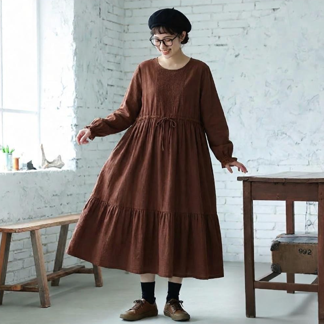 フリーサイズ 刺繍デザイン ウエストリボン ティアード ポケット付き ロングワンピース フリー ブラウン