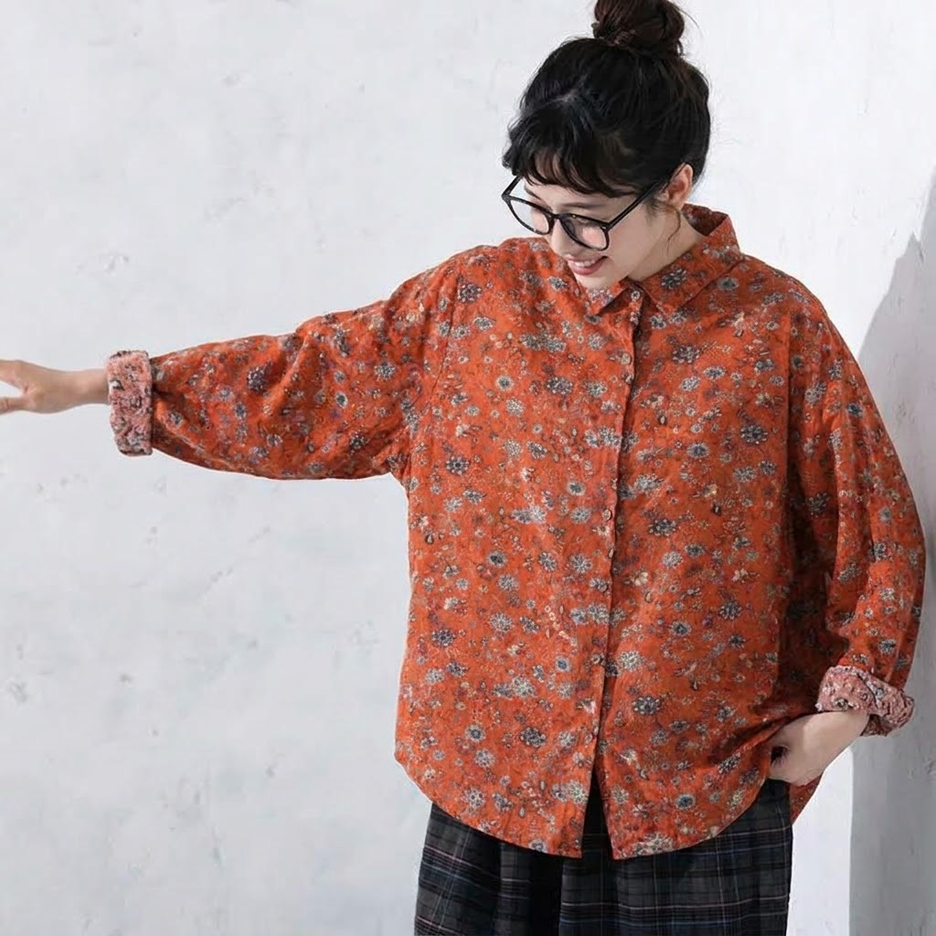 M-3XL コットン 花柄 長袖 エレガント ブラウス M レッド