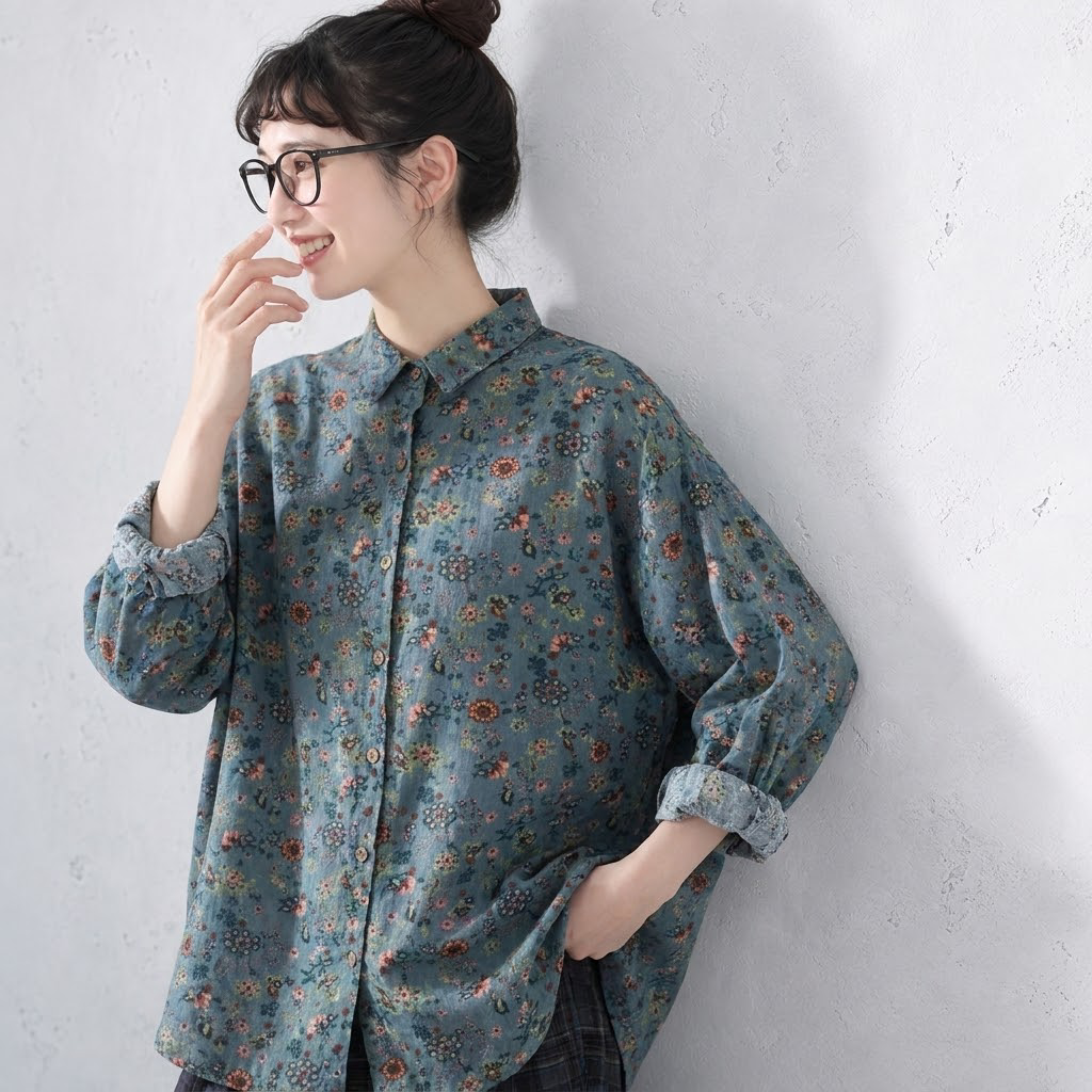 M-3XL コットン 花柄 長袖 エレガント ブラウス M レッド