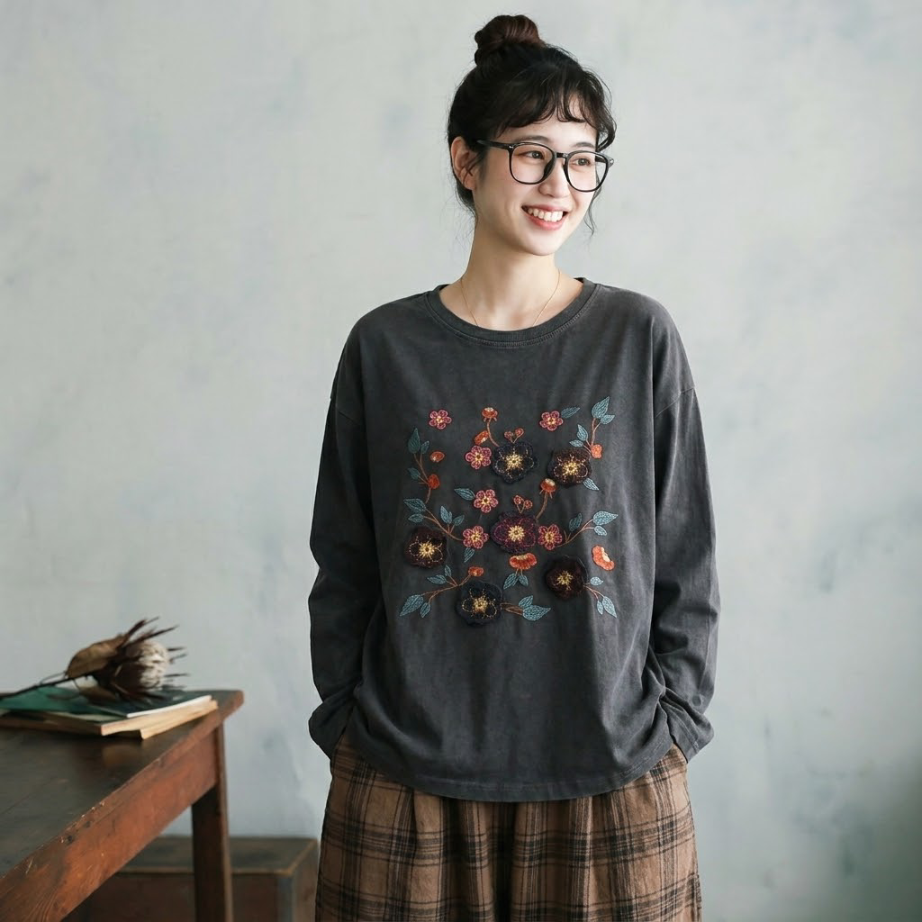 売り切れ必至 プリント 森ガール 長袖 ラウンドネック Tシャツ フリー ブラック