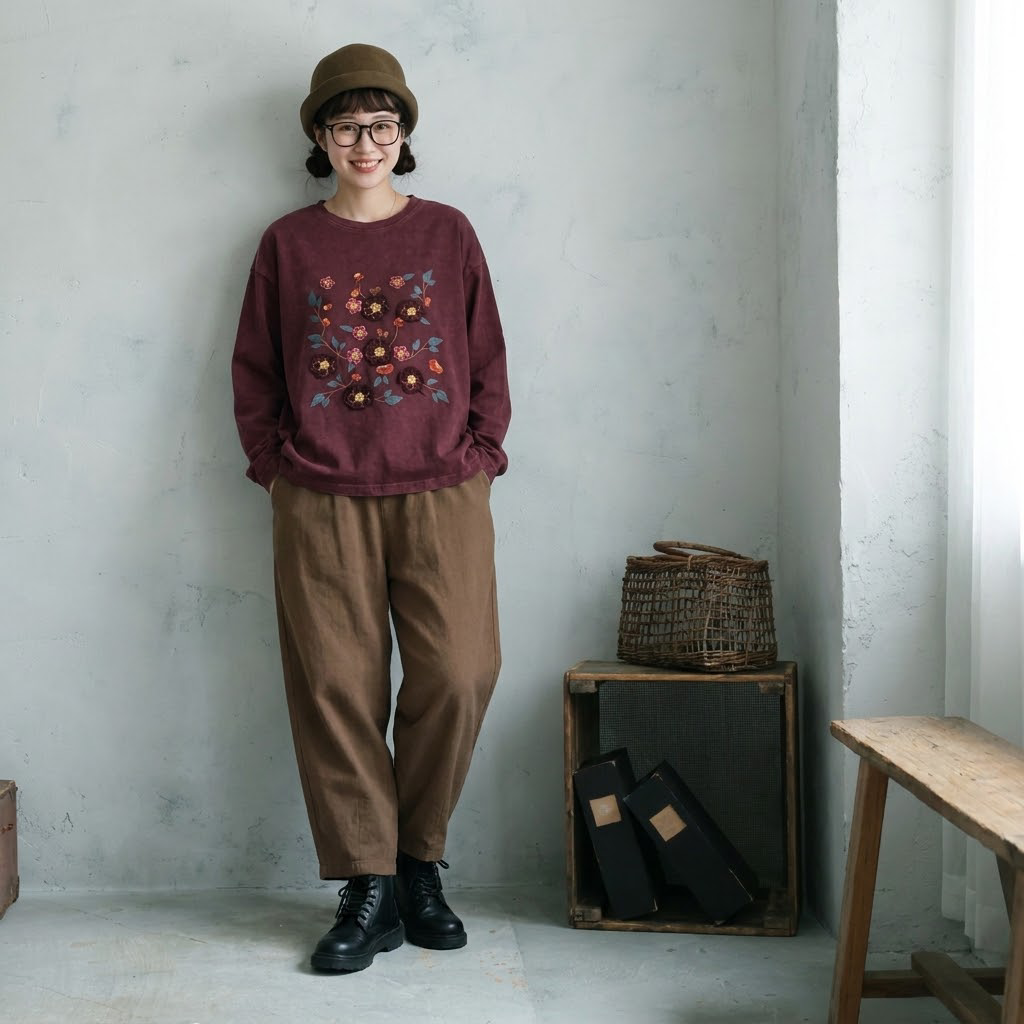 売り切れ必至 プリント 森ガール 長袖 ラウンドネック Tシャツ フリー ブラック