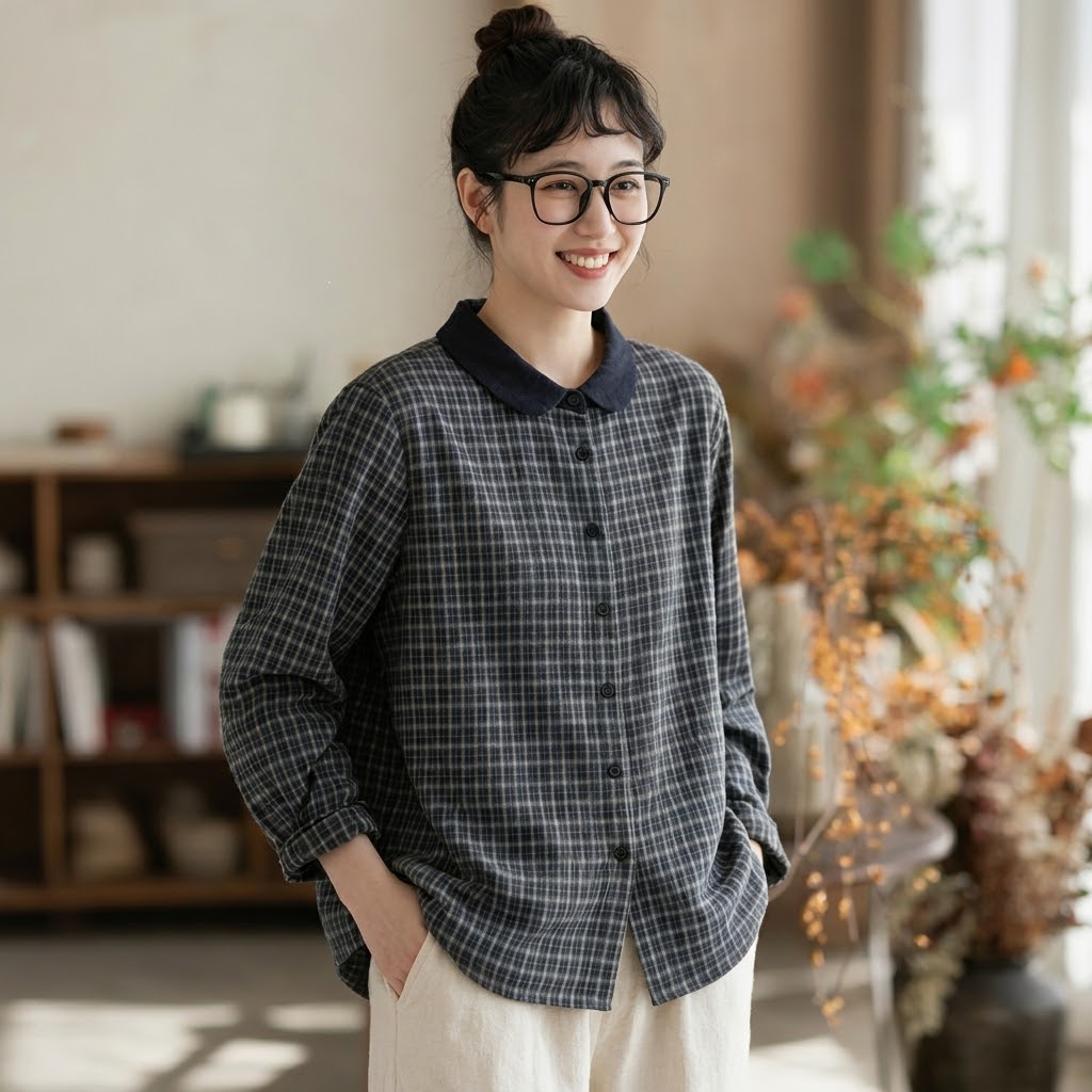 M-L「奇跡の再販」チェック柄 配色 レトロ パフカラー 長袖 シングルブレスト シャツ L ネイビー
