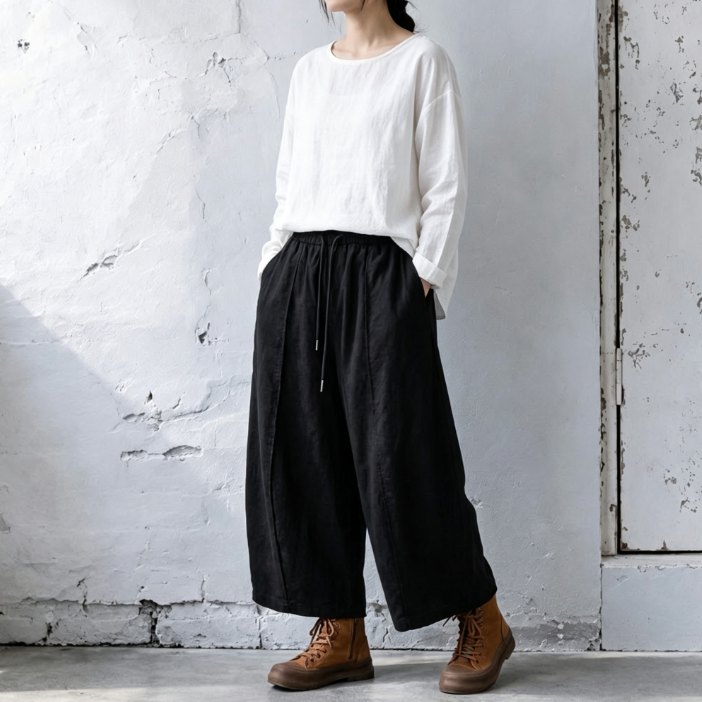 M-2XL ウエストゴム ドローコード 切り替えデザイン 九分丈 ワイドパンツ 2XL ブラック