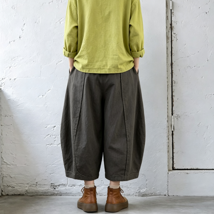 M-2XL ウエストゴム ドローコード 切り替えデザイン 九分丈 ワイドパンツ M ブラック