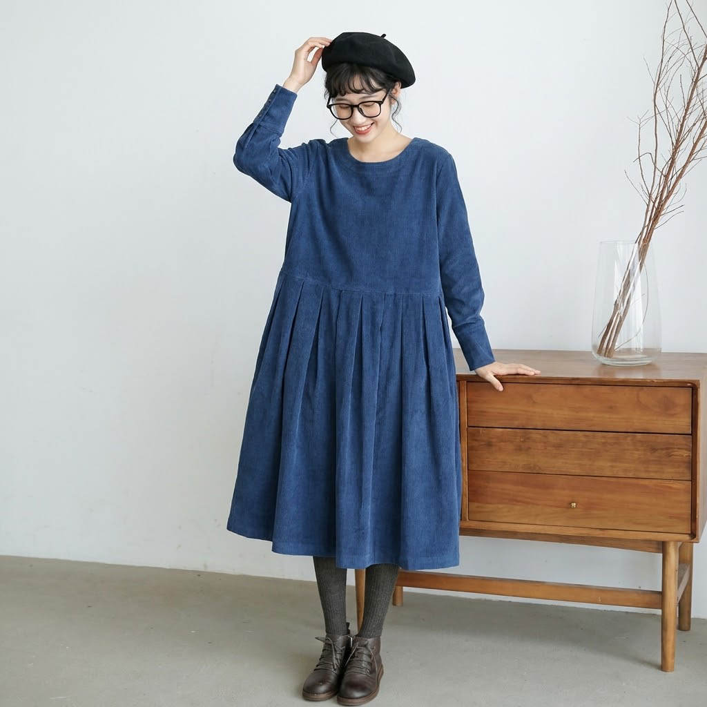 S-XL ラウンドネック シンプル Aライン 無地 長袖 ワンピース XL ブルー