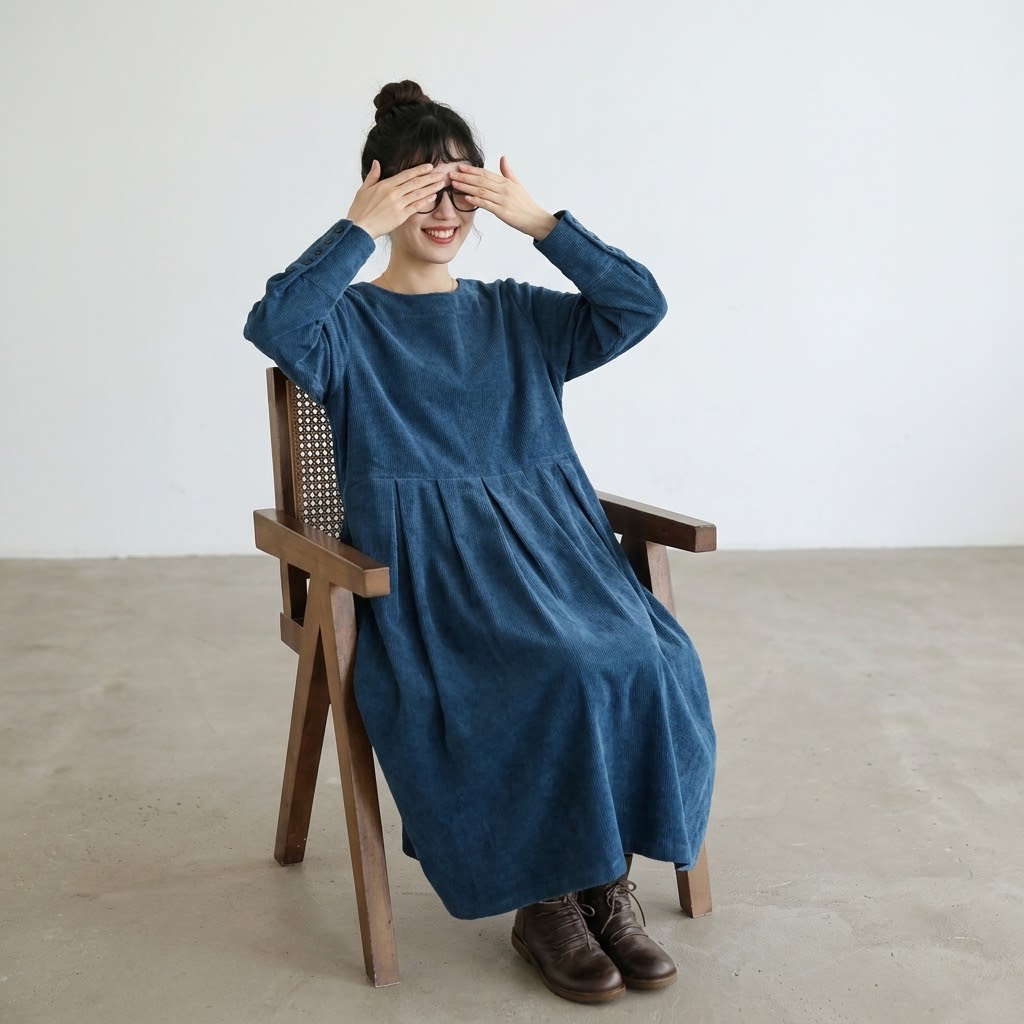 S-XL ラウンドネック シンプル Aライン 無地 長袖 ワンピース S ブルー