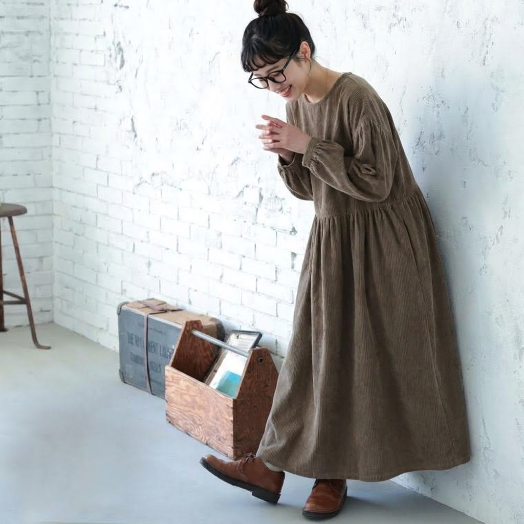 M-2XL 体型をカバー シンプル ランタンスリーブ 長袖 無地 カジュアルワンピース M ベージュ