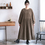 M-2XL 体型をカバー シンプル ランタンスリーブ 長袖 無地 カジュアルワンピース M ベージュ