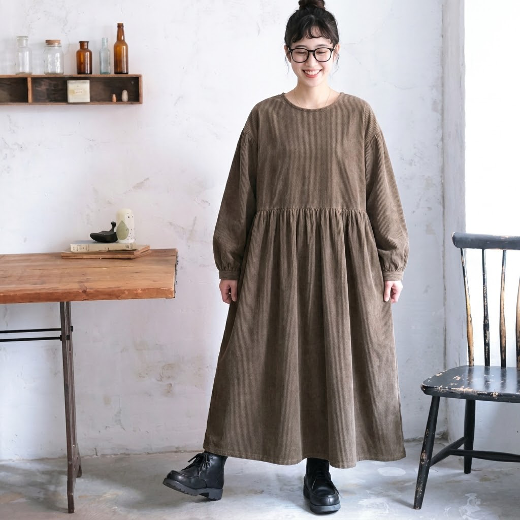 M-2XL 体型をカバー シンプル ランタンスリーブ 長袖 無地 カジュアルワンピース M ベージュ