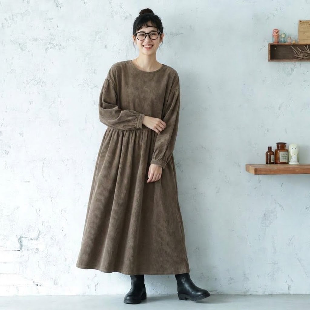 M-2XL 体型をカバー シンプル ランタンスリーブ 長袖 無地 カジュアルワンピース 2XL ベージュ