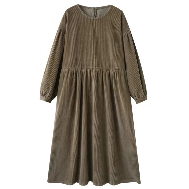 M-2XL 体型をカバー シンプル ランタンスリーブ 長袖 無地 カジュアルワンピース M ベージュ