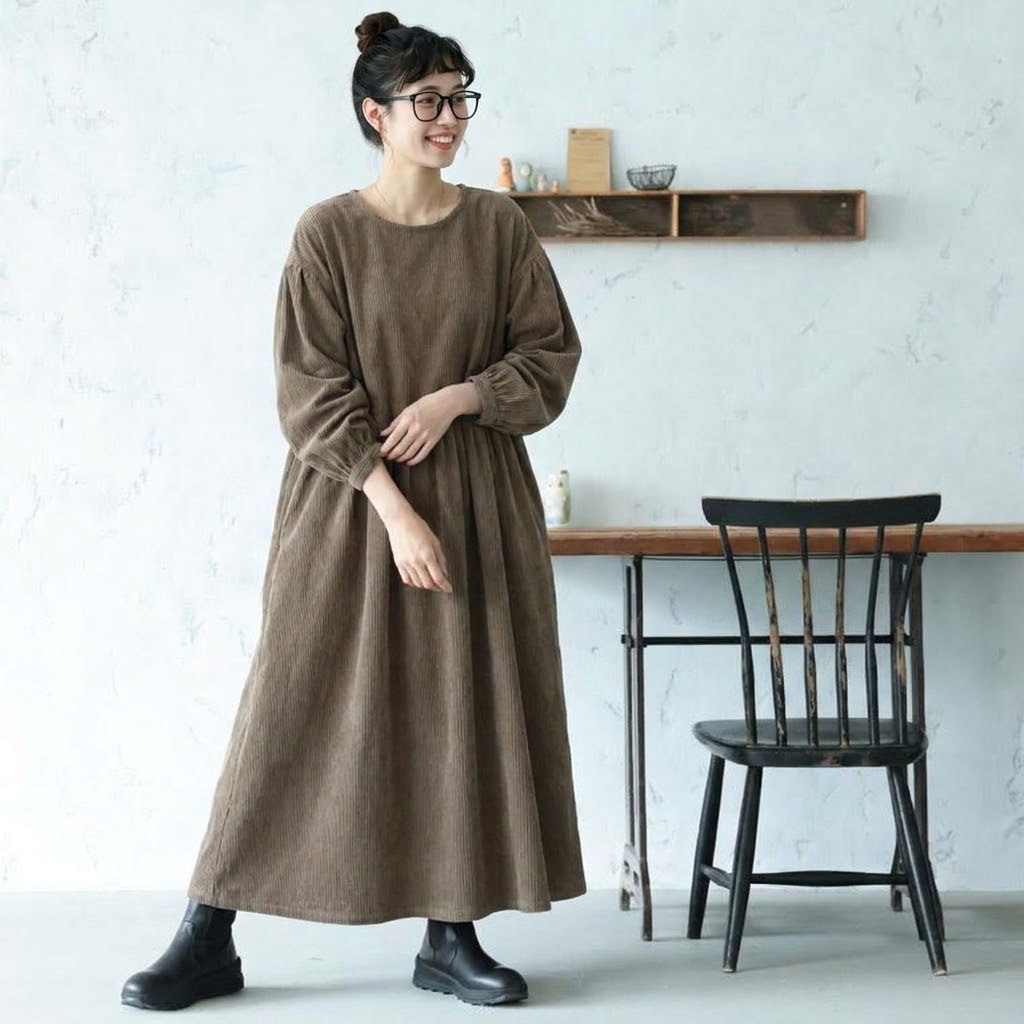 M-2XL 体型をカバー シンプル ランタンスリーブ 長袖 無地 カジュアルワンピース M ベージュ