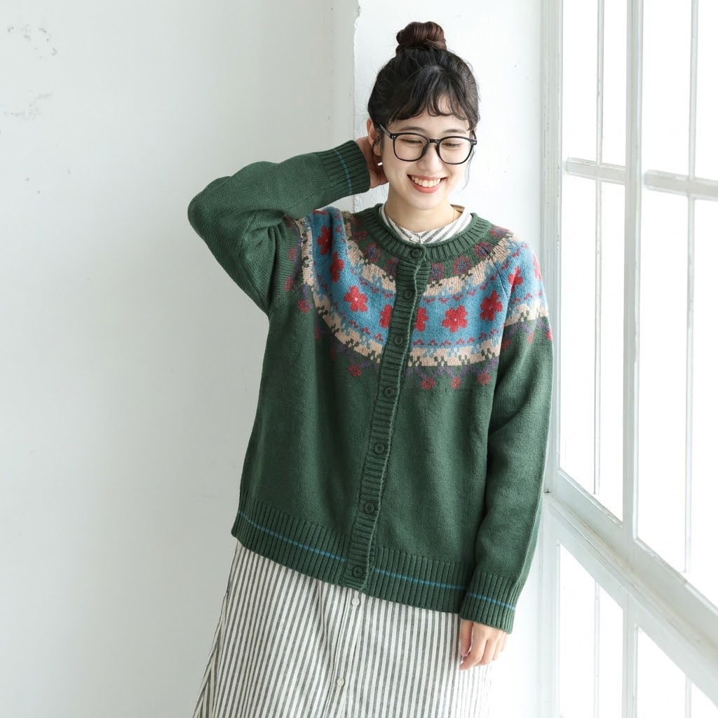 インスタで超人気 長袖 花模様 ラウンドネック カーディガン フリー グリーン