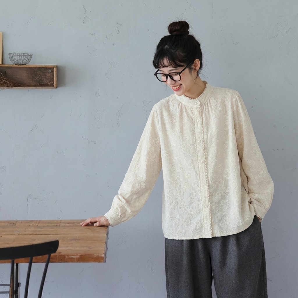 M-2XL 人気新品 長袖 無地 刺繍 スウィート スタンドネック シングルブレスト シャツ M アプリコット