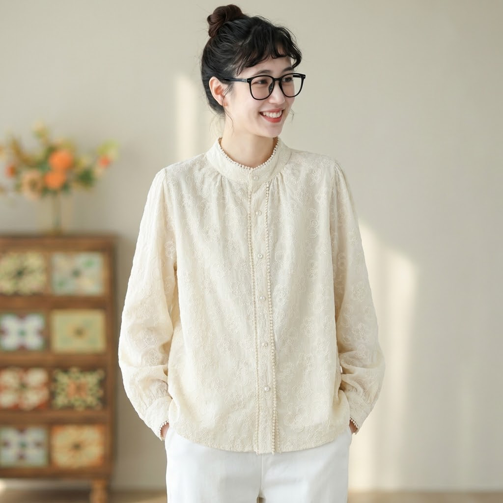 M-2XL 人気新品 長袖 無地 刺繍 スウィート スタンドネック シングルブレスト シャツ 2XL アプリコット