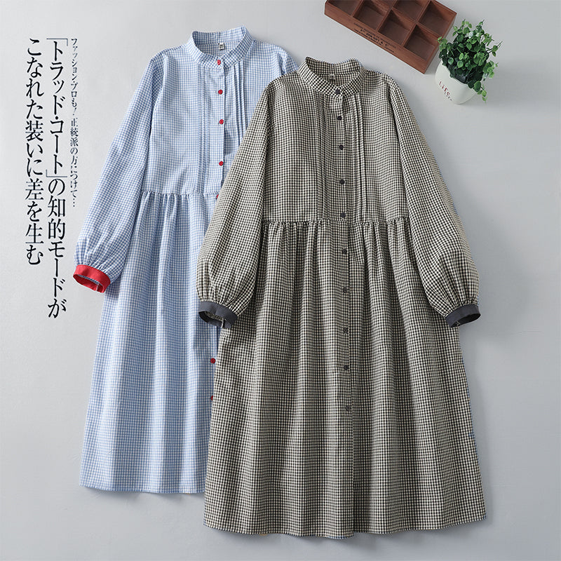 M-2XL チェック柄 大人のナチュラル 着回し 軽やか ロングワンピース M ブルー