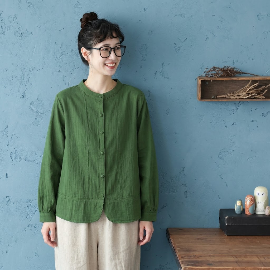 M-2XL 今季トレンド 無地 長袖 スタンドネック シングルブレスト シンプル シャツ 2XL ダークグリーン
