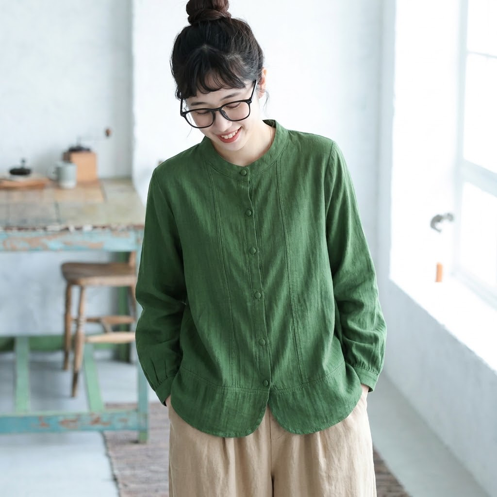 M-2XL 今季トレンド 無地 長袖 スタンドネック シングルブレスト シンプル シャツ M ダークグリーン