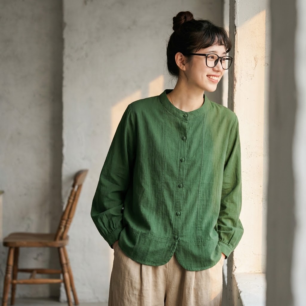 M-2XL 今季トレンド 無地 長袖 スタンドネック シングルブレスト シンプル シャツ M ダークグリーン