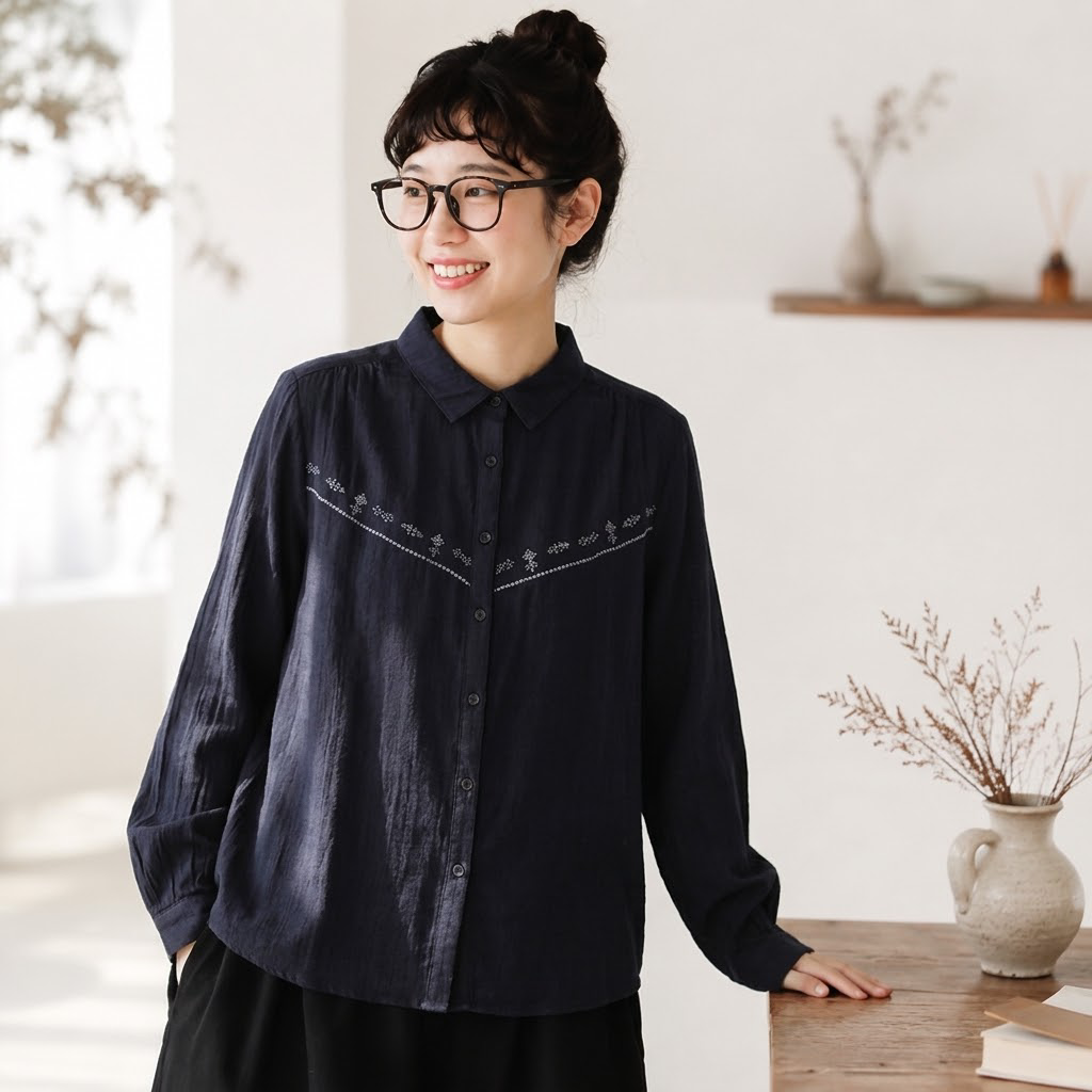 ML 気質アップ コットン 無地 刺繍 ナチュラル シャツ M ホワイト