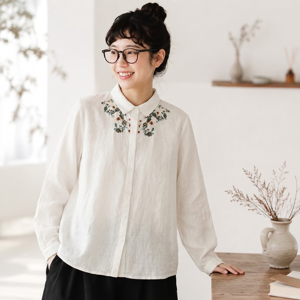 ML 着回し自在！ 無地 長袖 刺繍 花模様 清新 シャツ M ホワイト