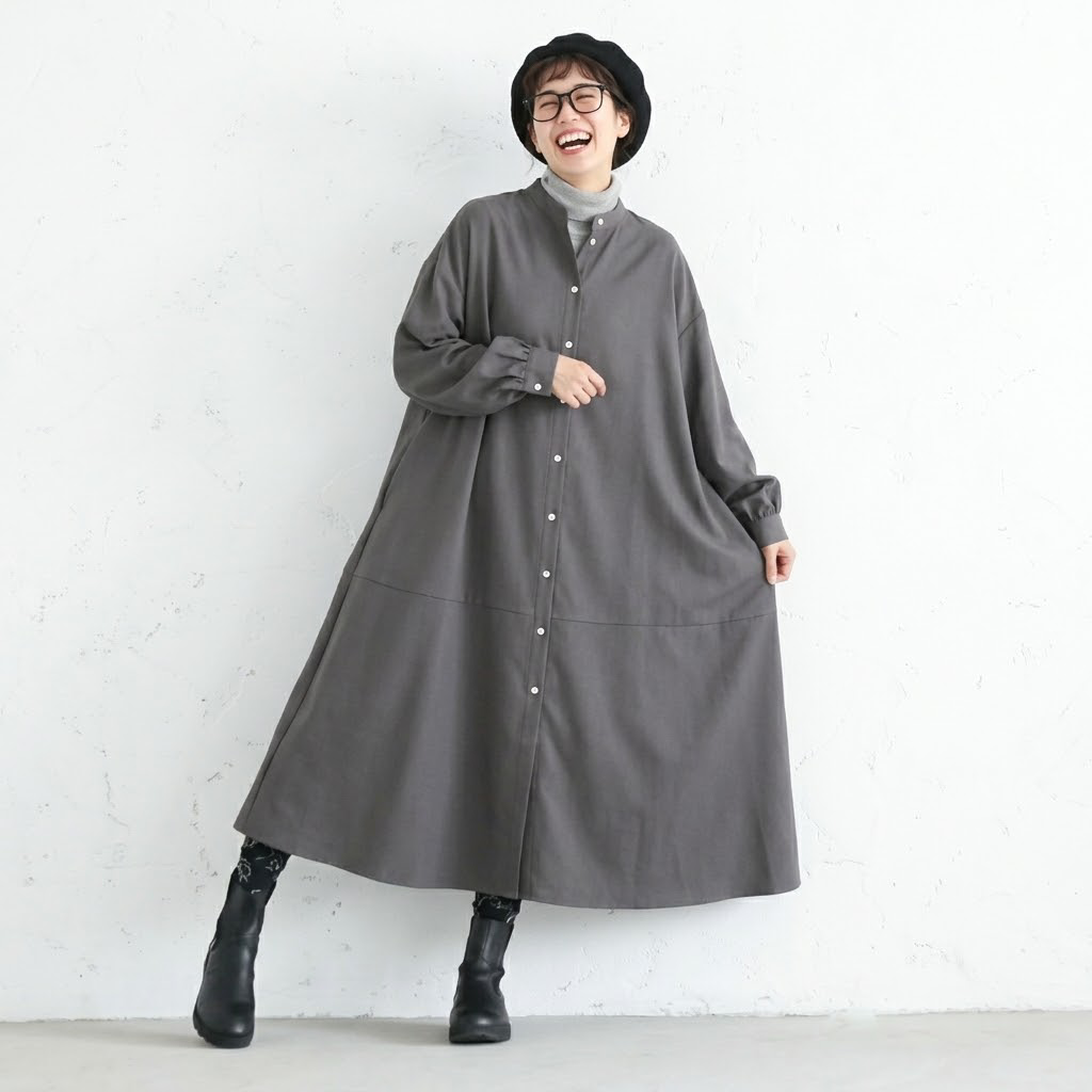 S-L シングルブレスト シンプル スリム効果 長袖 スタンドネック Aライン ワンピース S グレー