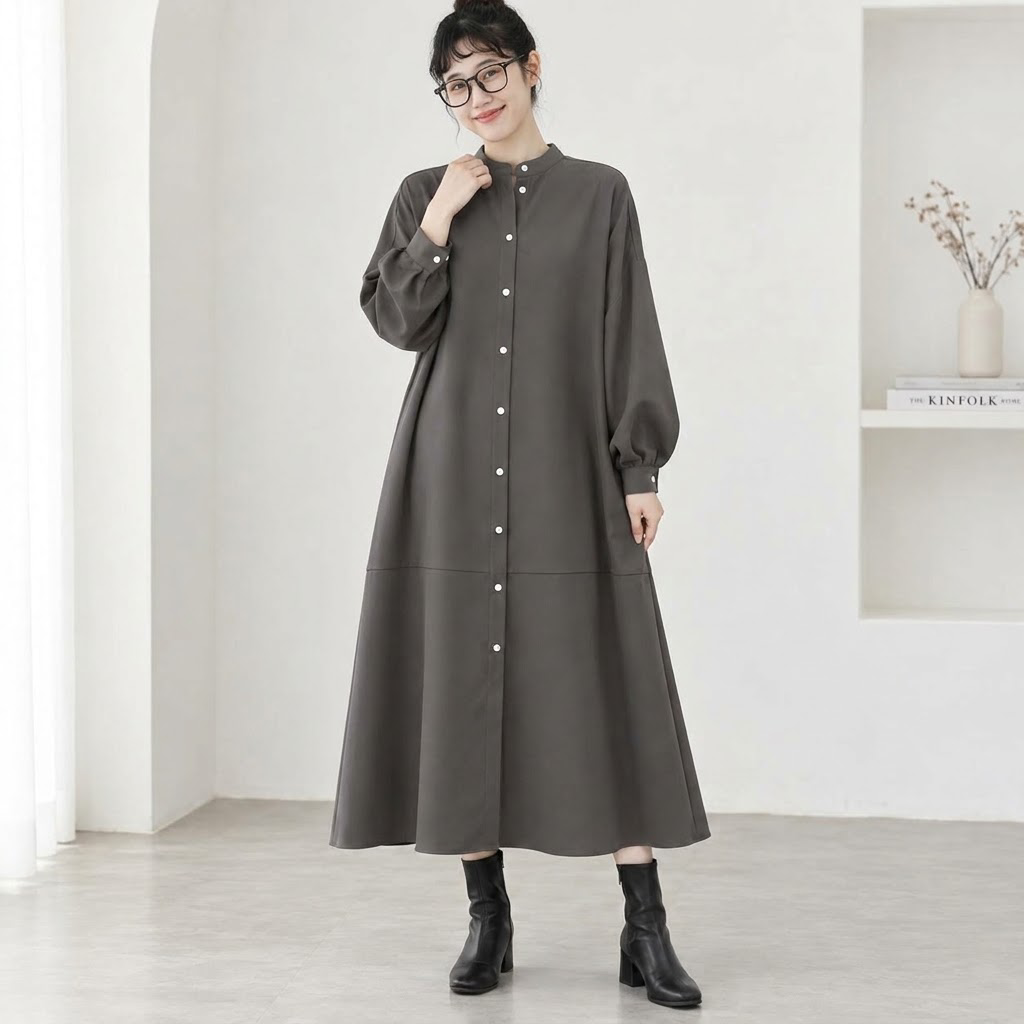 S-L シングルブレスト シンプル スリム効果 長袖 スタンドネック Aライン ワンピース S グレー